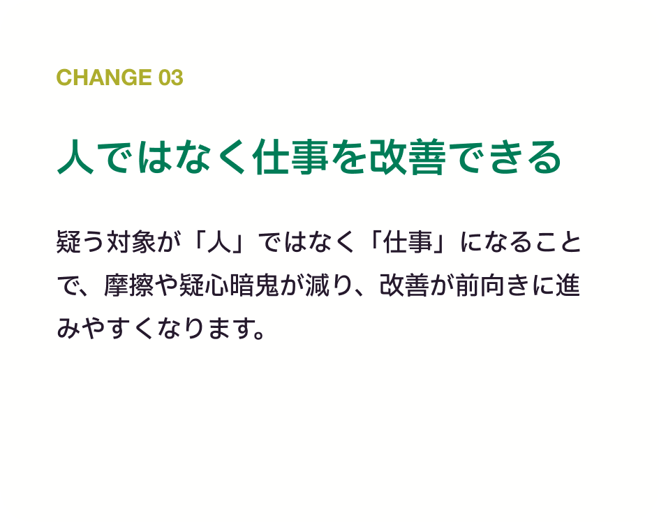 Change 03 人ではなく仕事を改善できる
